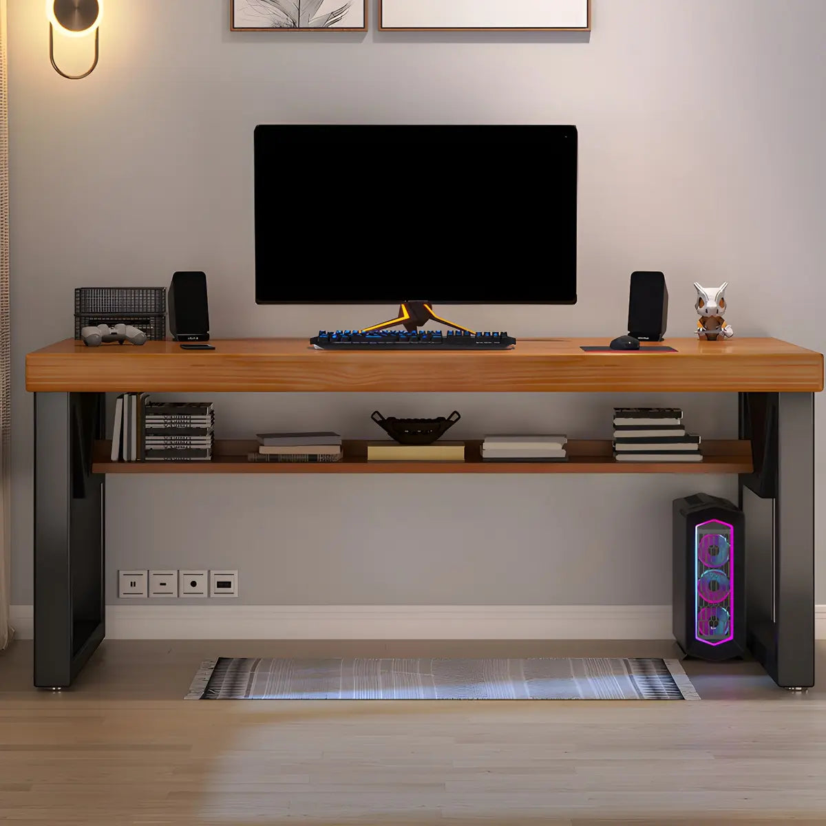 Industrial Pine Shelf Rectangle Gaming Desk — Without Chairs