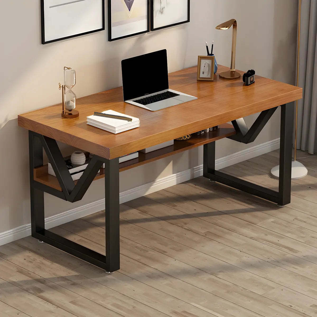 Industrial Pine Shelf Rectangle Gaming Desk — Without Chairs