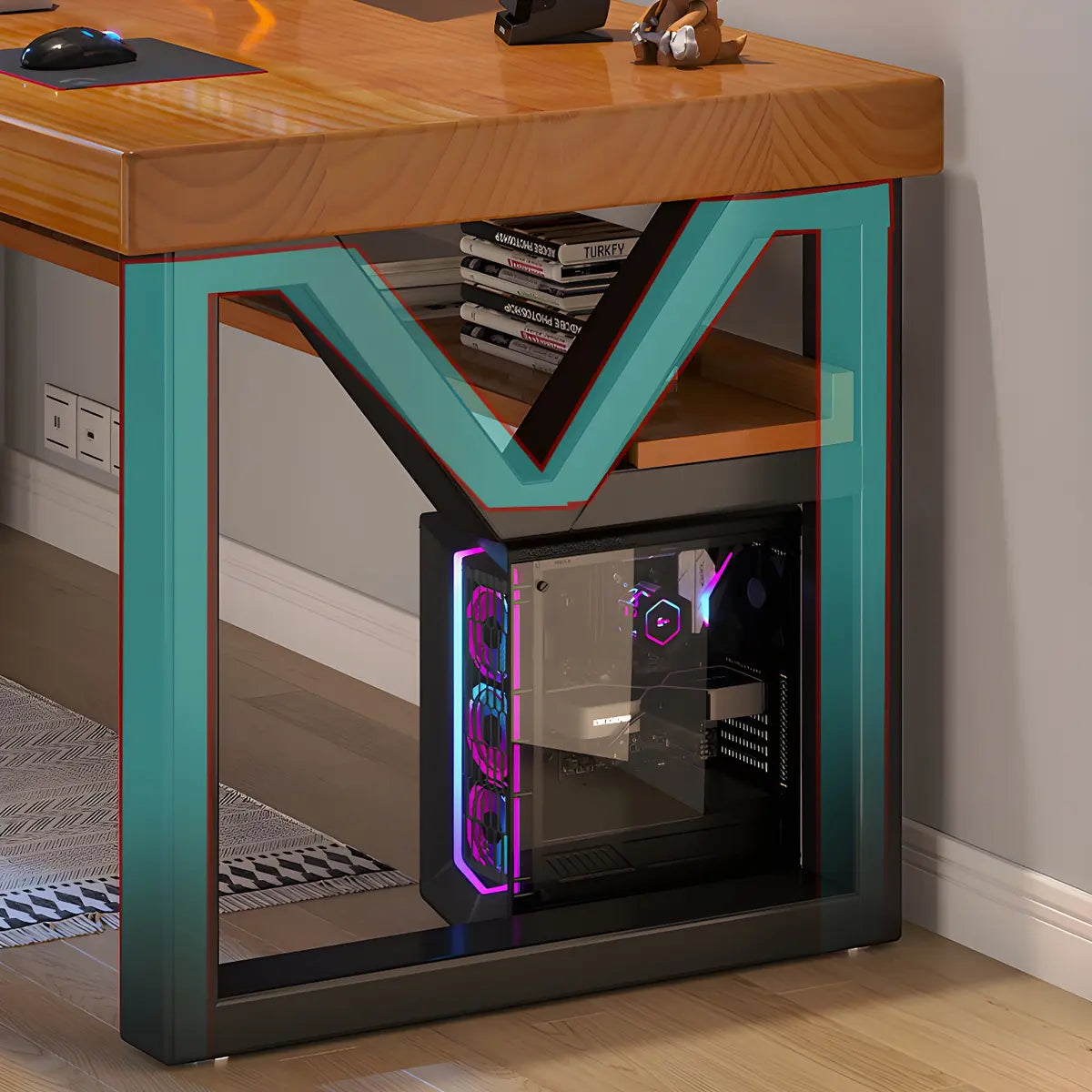 Industrial Pine Shelf Rectangle Gaming Desk — Without Chairs
