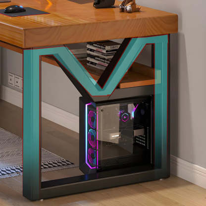 Industrial Pine Shelf Rectangle Gaming Desk — Without Chairs