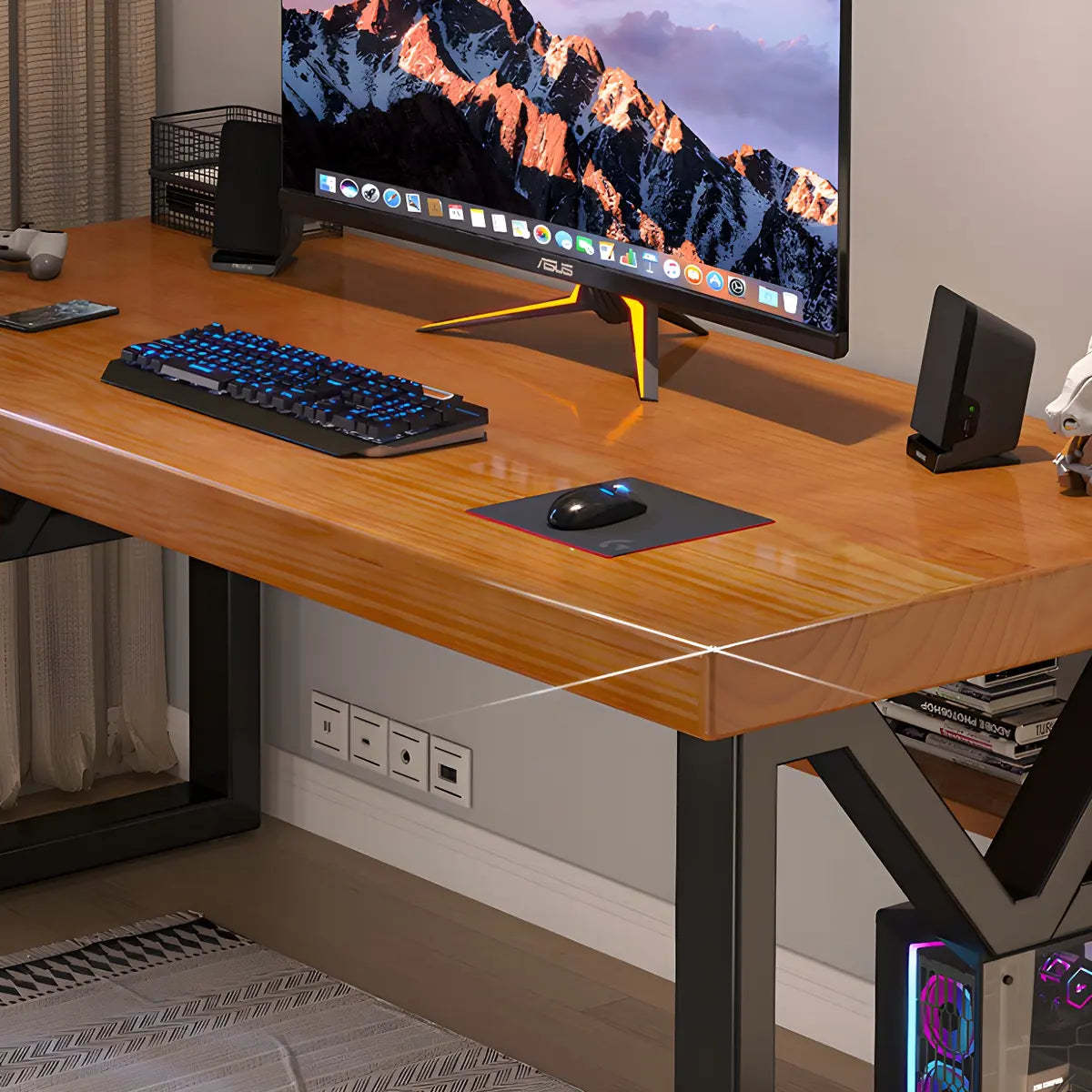 Industrial Pine Shelf Rectangle Gaming Desk — Without Chairs