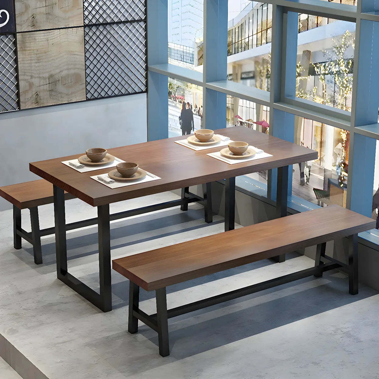 Industrial Rectangular Brown Wood Sled-Base Dining Table — Table Only