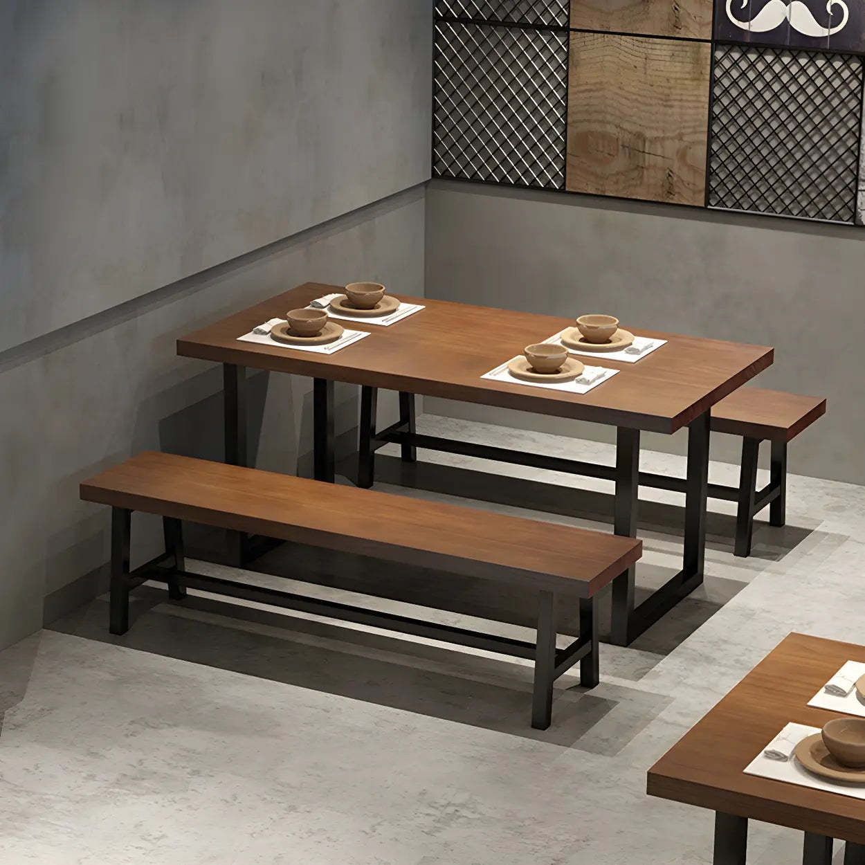 Industrial Rectangular Brown Wood Sled-Base Dining Table — Table Only