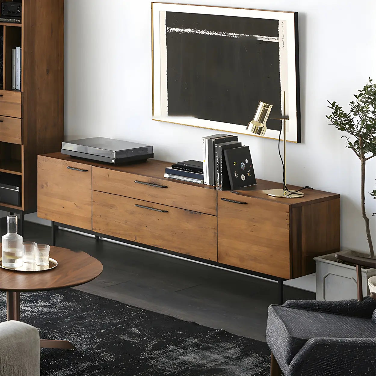Industrial Rectangular Wood Brown TV Stand — Open Shelving