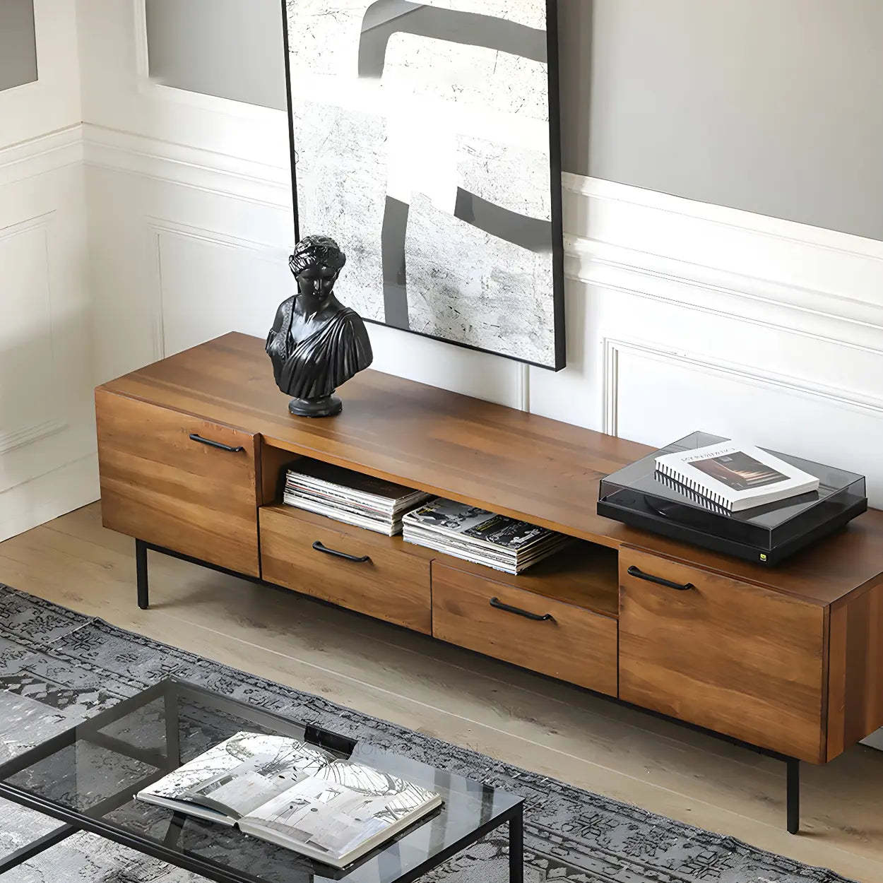 Industrial Rectangular Wood Brown TV Stand — Open Shelving