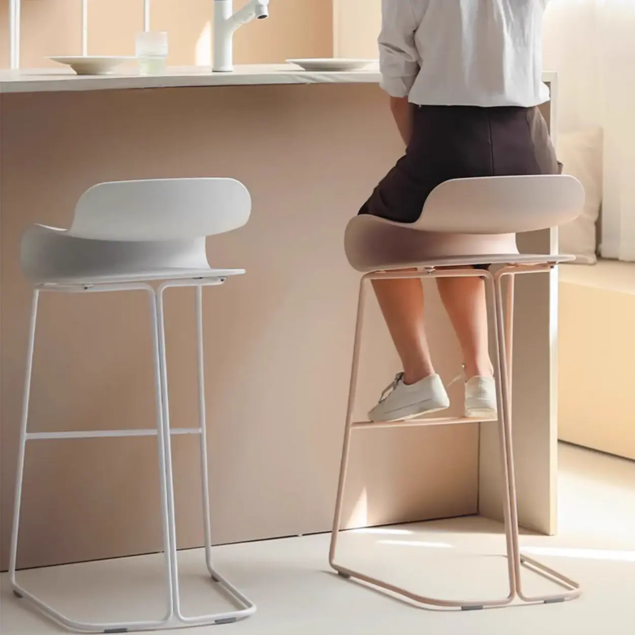 Industrial S-Curve Steel Low Back Armless Bar Stool — White / 2 Piece Set