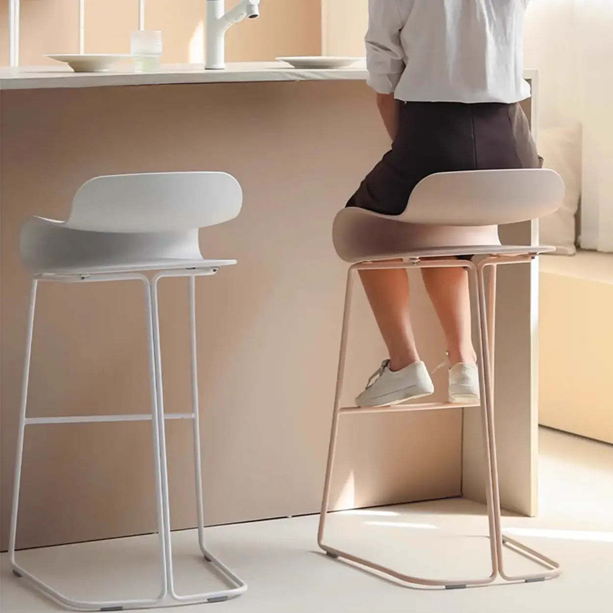 Industrial S-Curve Steel Low Back Armless Bar Stool — White / 2 Piece Set