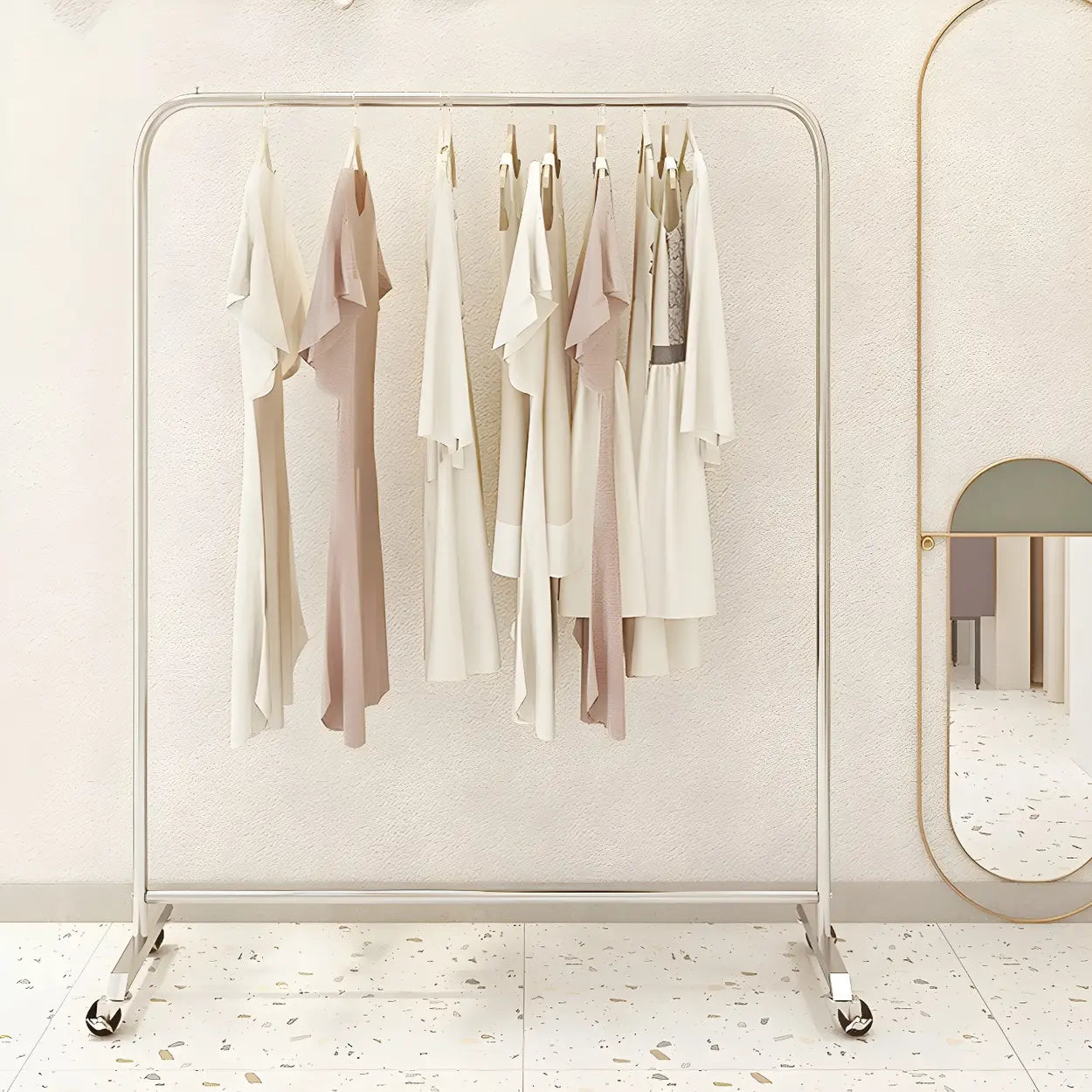 Industrial Silver Stainless Steel Coat Rack with Casters