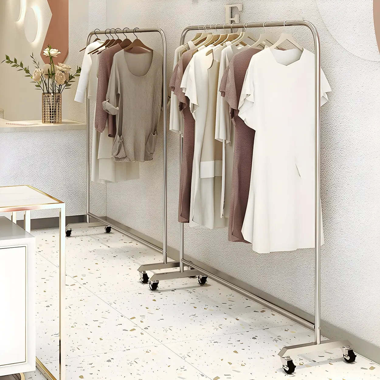 Industrial Silver Stainless Steel Coat Rack with Casters