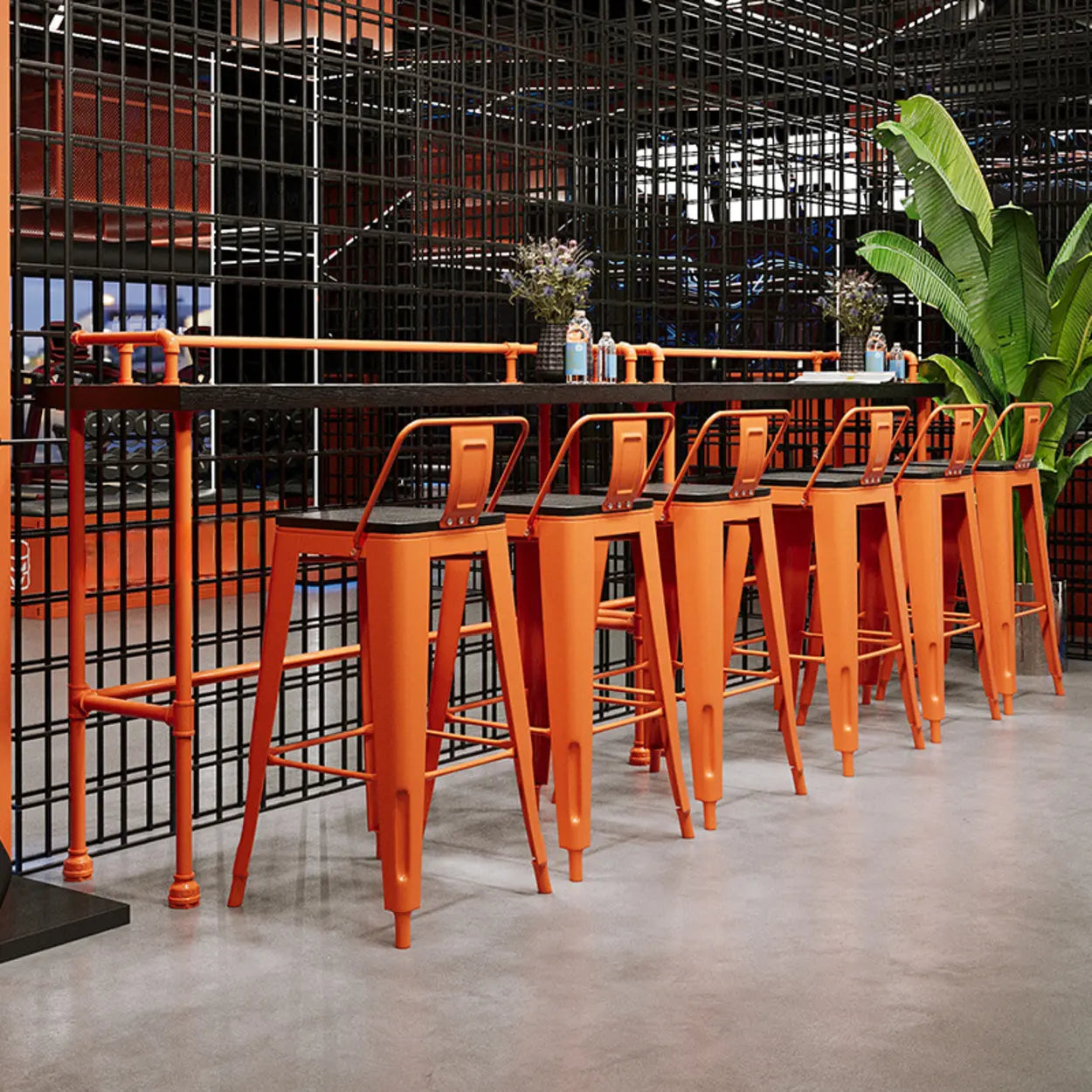 Industrial Spectator Bar Table with Orange Railing — Table Only