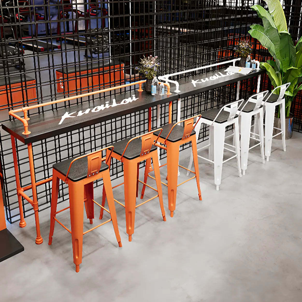 Industrial Spectator Bar Table with Orange Railing — Table Only