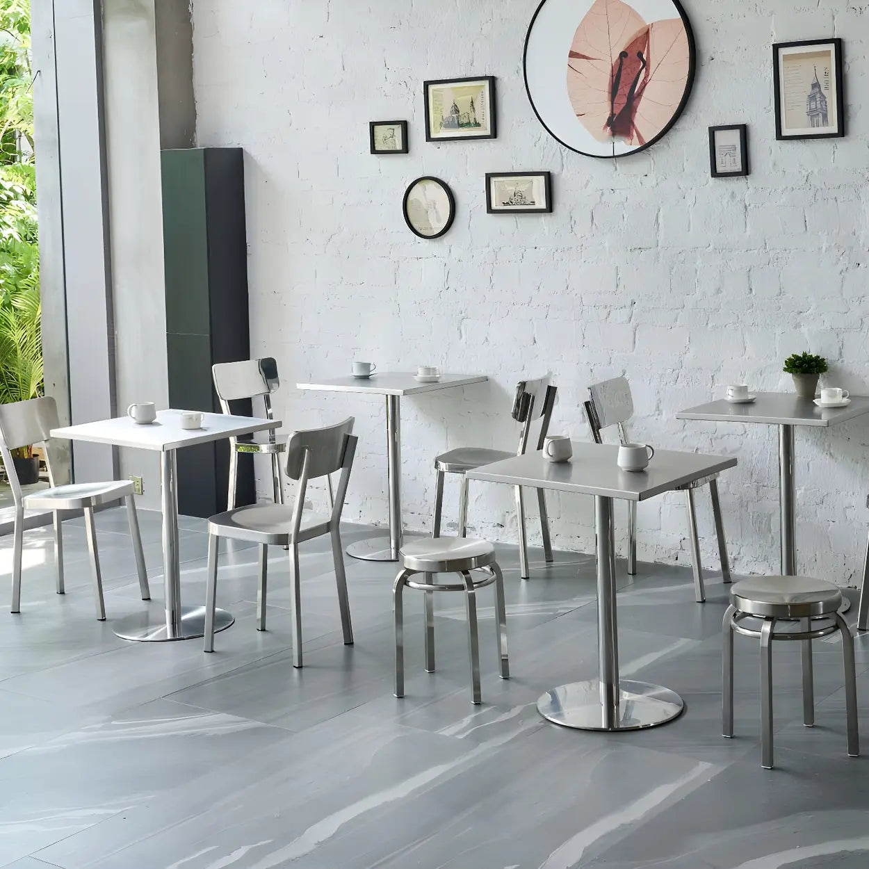 Industrial Square Stainless Steel Silver Dining Table
