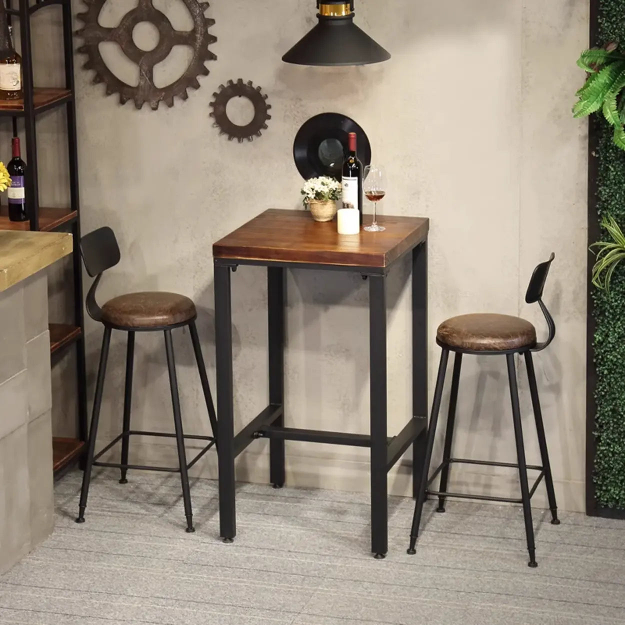Industrial Square Wood Metal Bar Table