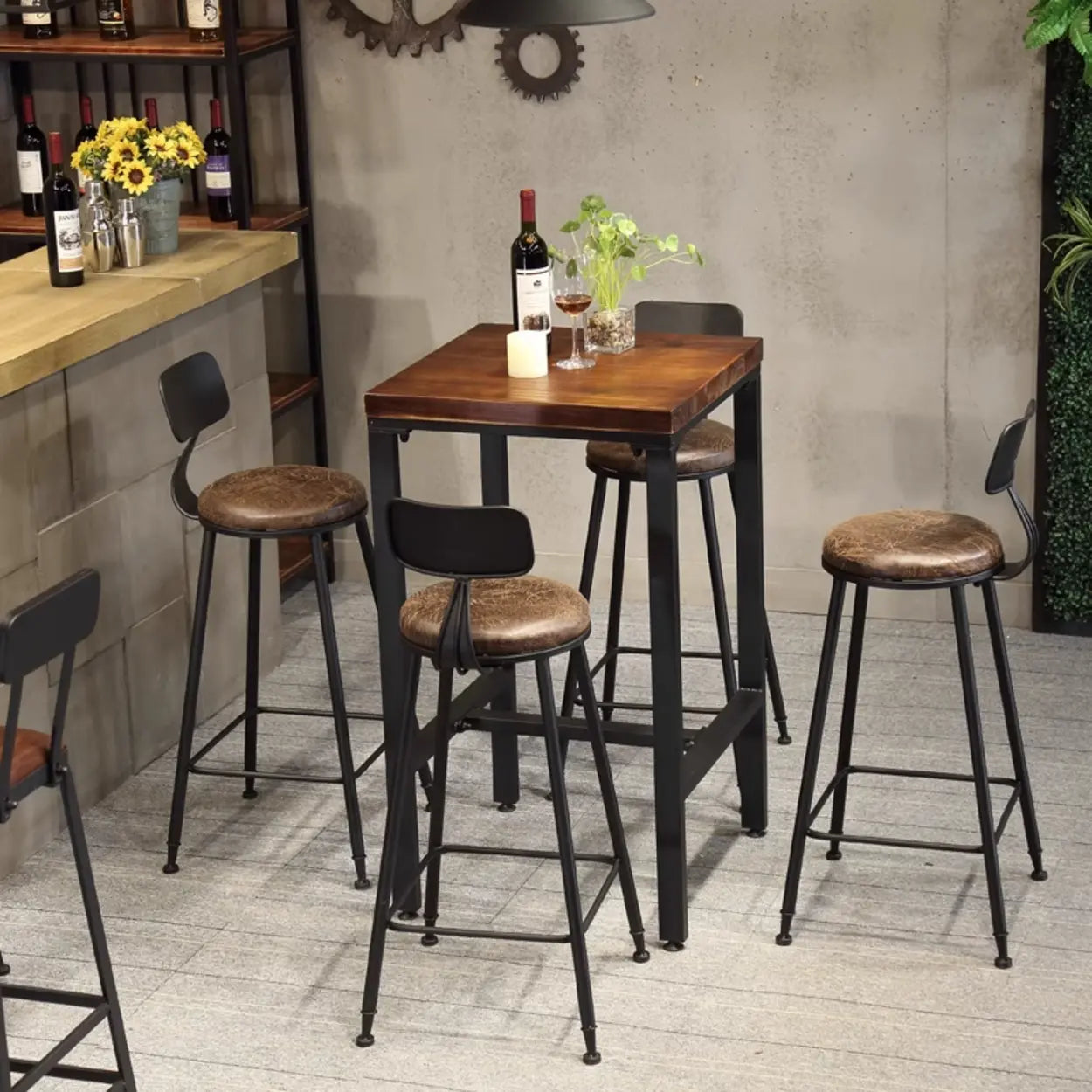 Industrial Square Wood Metal Bar Table — Table Only