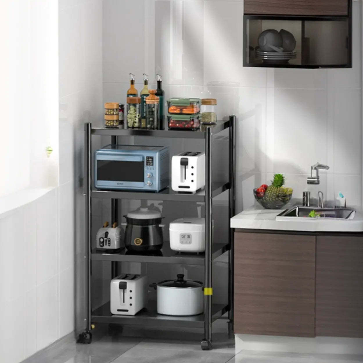 Industrial Stainless Steel Black Kitchen Display Cabinet — Guardrail Included