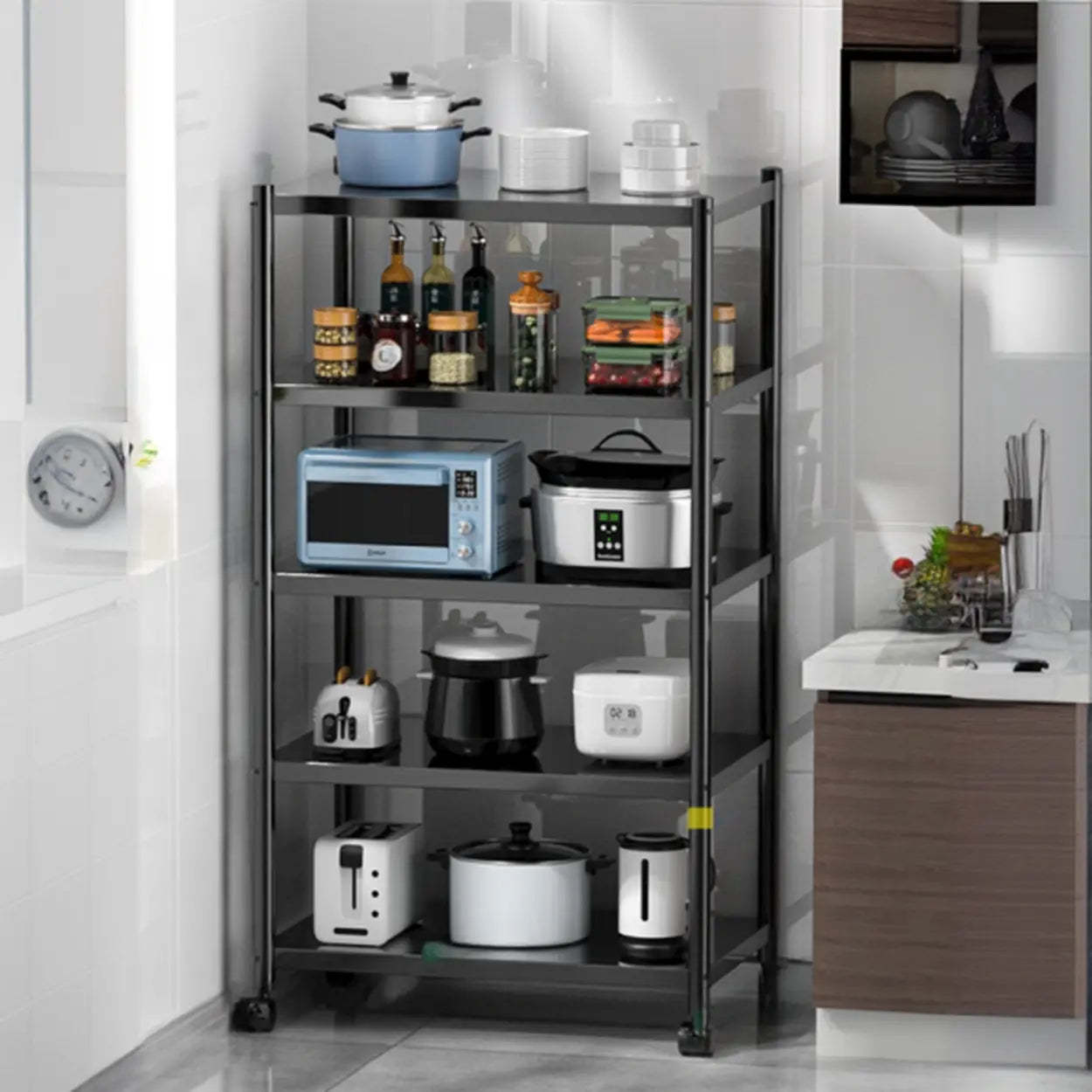 Industrial Stainless Steel Black Kitchen Display Cabinet — Guardrail Included