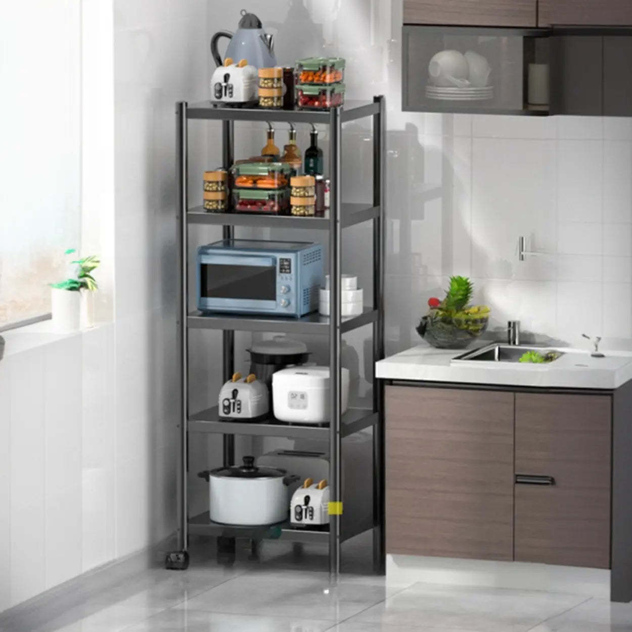 Industrial Stainless Steel Black Kitchen Display Cabinet — Guardrail Not Included