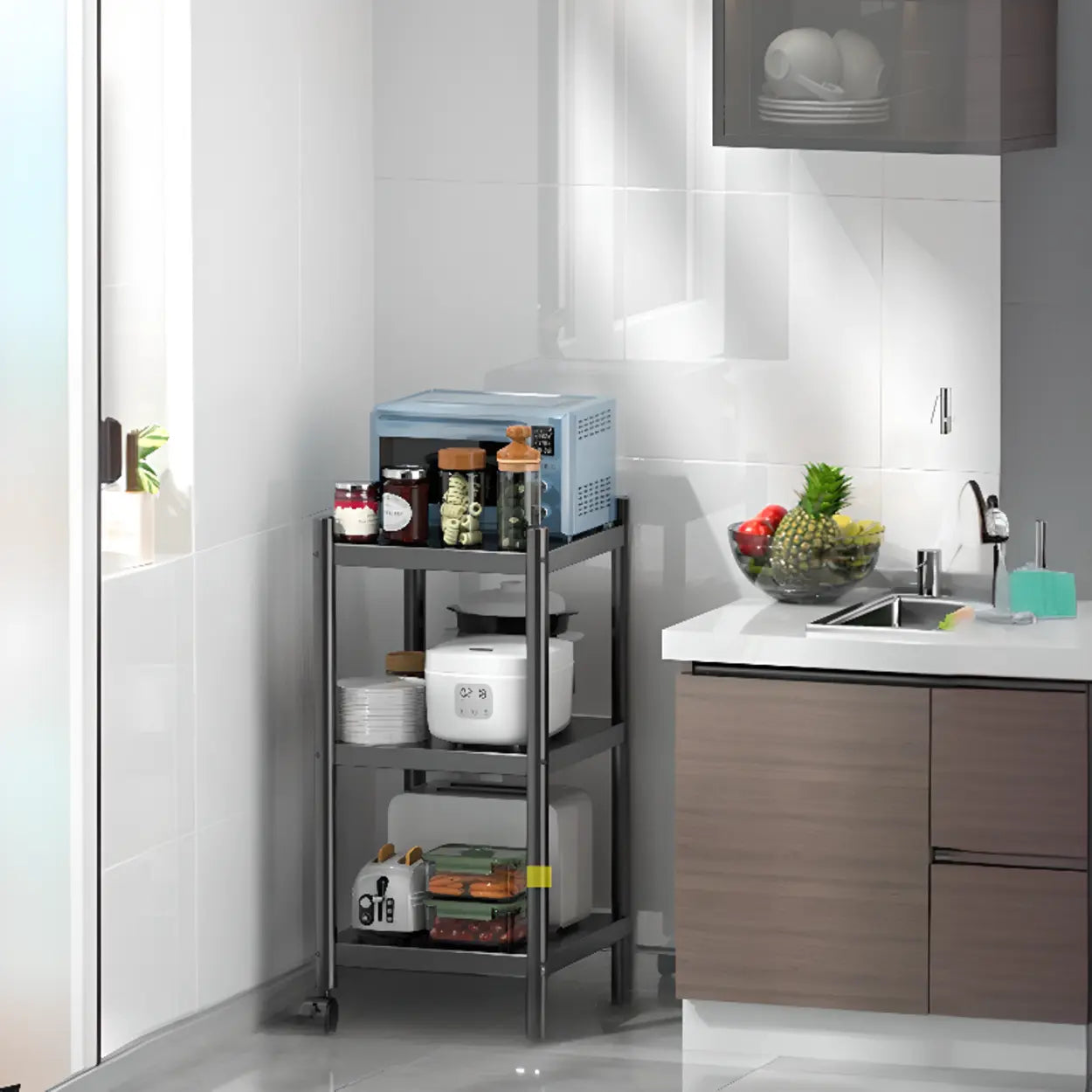 Industrial Stainless Steel Black Kitchen Display Cabinet — Guardrail Included