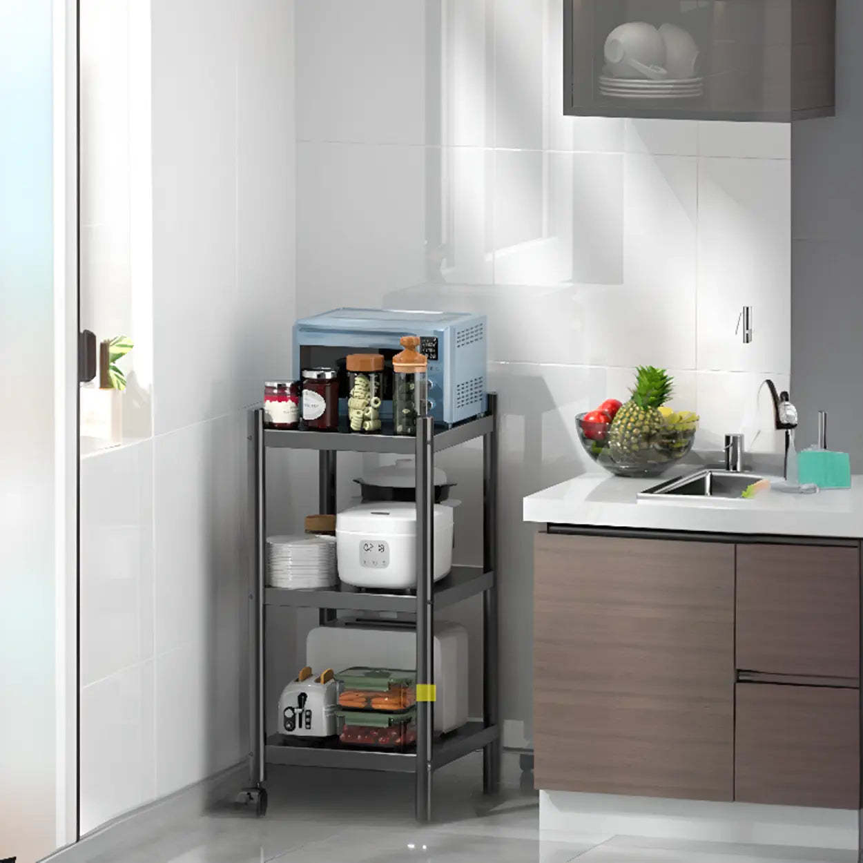Industrial Stainless Steel Black Kitchen Display Cabinet — Guardrail Included