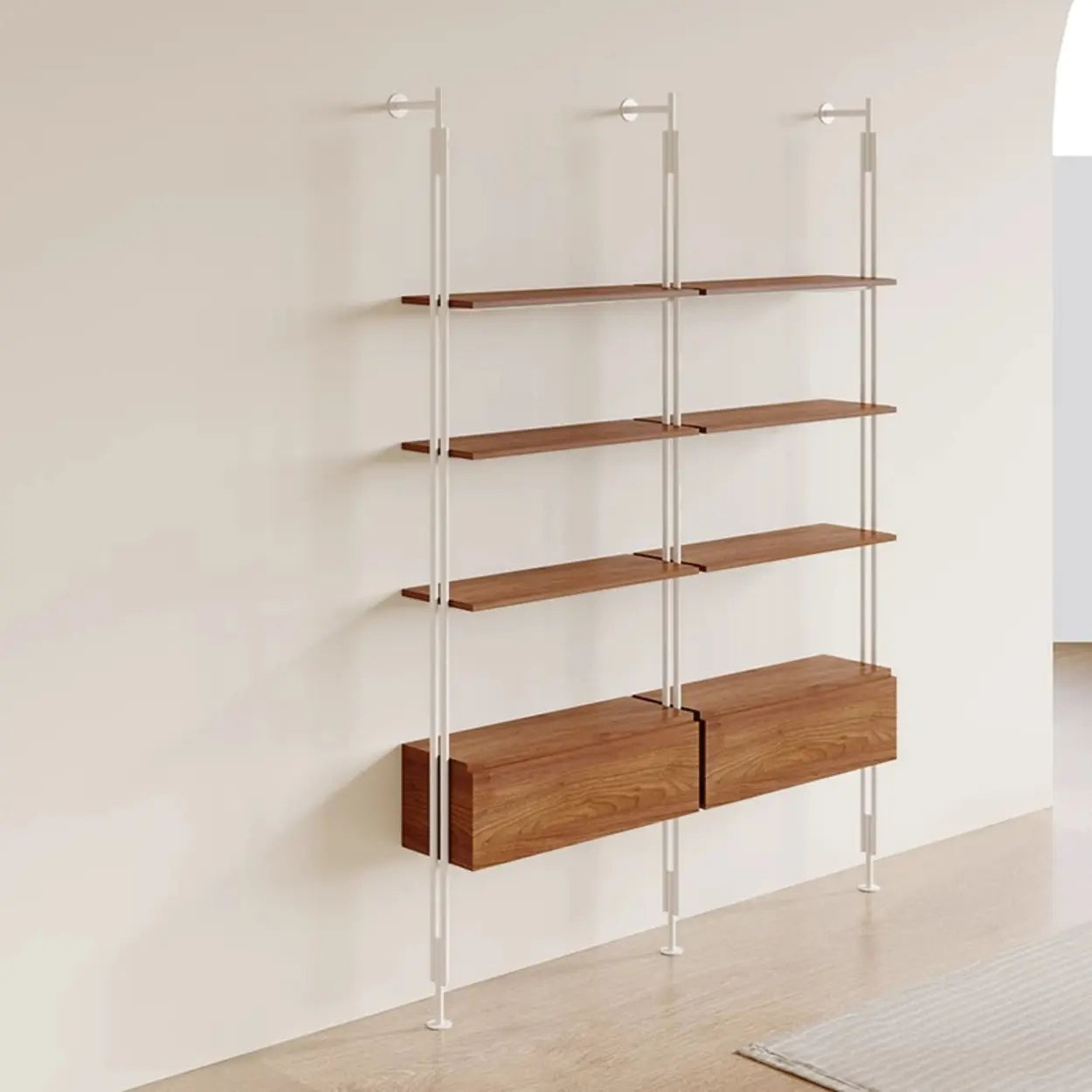 Industrial Wall-Mounted Wood-Metal Bookshelf — Black (With Drawers)
