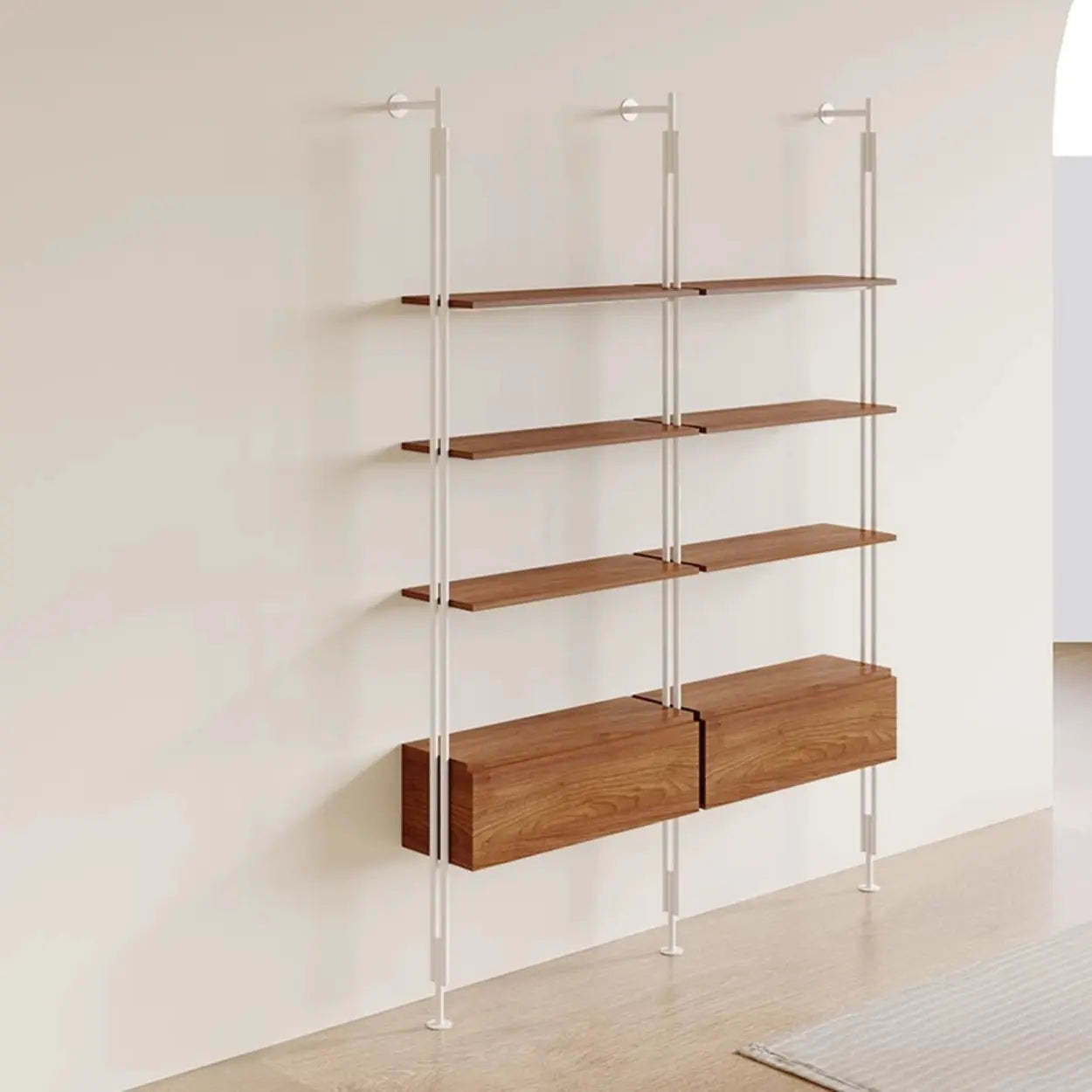 Industrial Wall-Mounted Wood-Metal Bookshelf — Black (With Drawers)