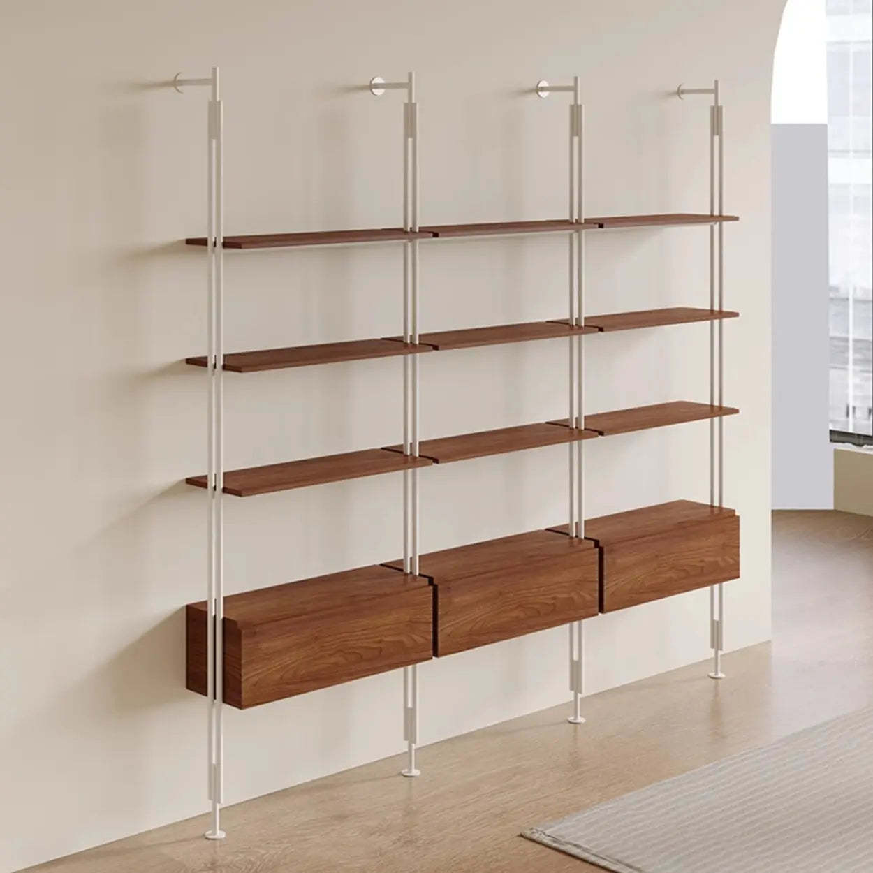 Industrial Wall-Mounted Wood-Metal Bookshelf — Black (With Drawers)
