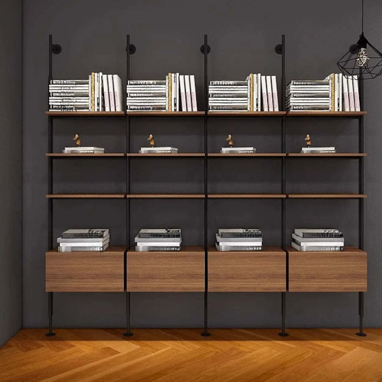 Modern wall-mounted bookshelf wood metal wood leather display cabinets