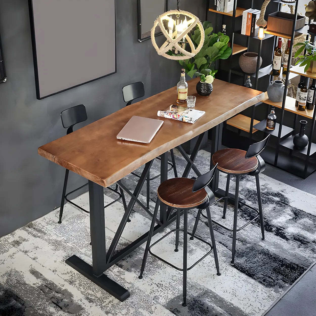 Industrial Wood Long Bar Table with Footrest — Table Only