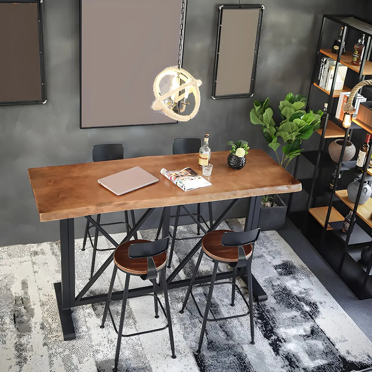 Industrial Wood Long Bar Table with Footrest — Table Only