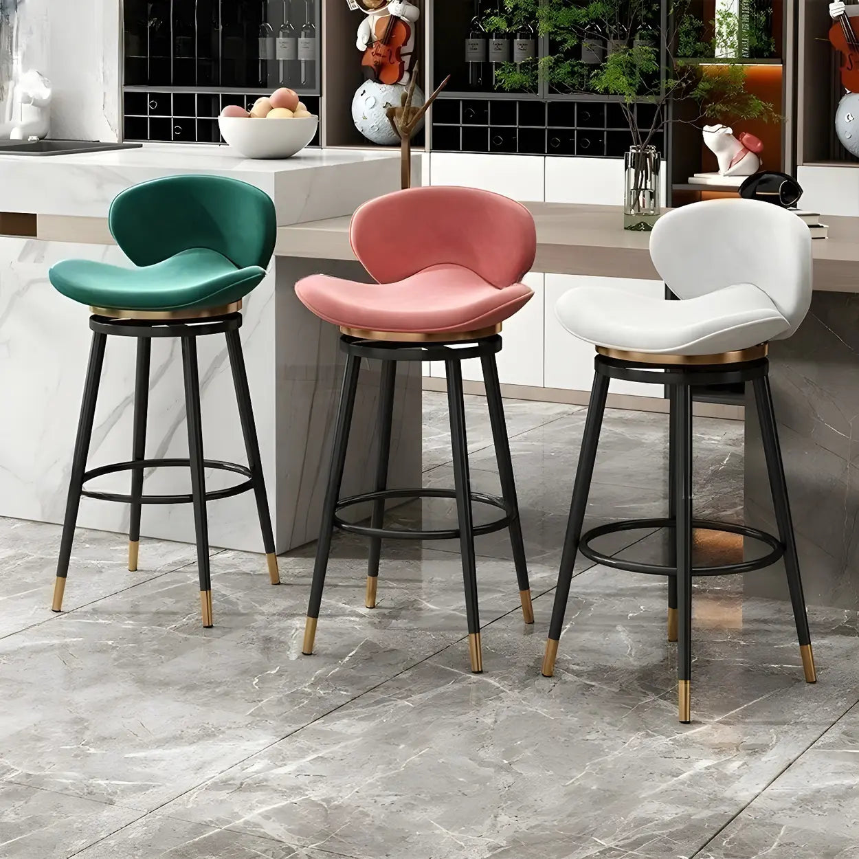 Iron Frame Curved Fabric Bucket Bar Stool — Black / Black