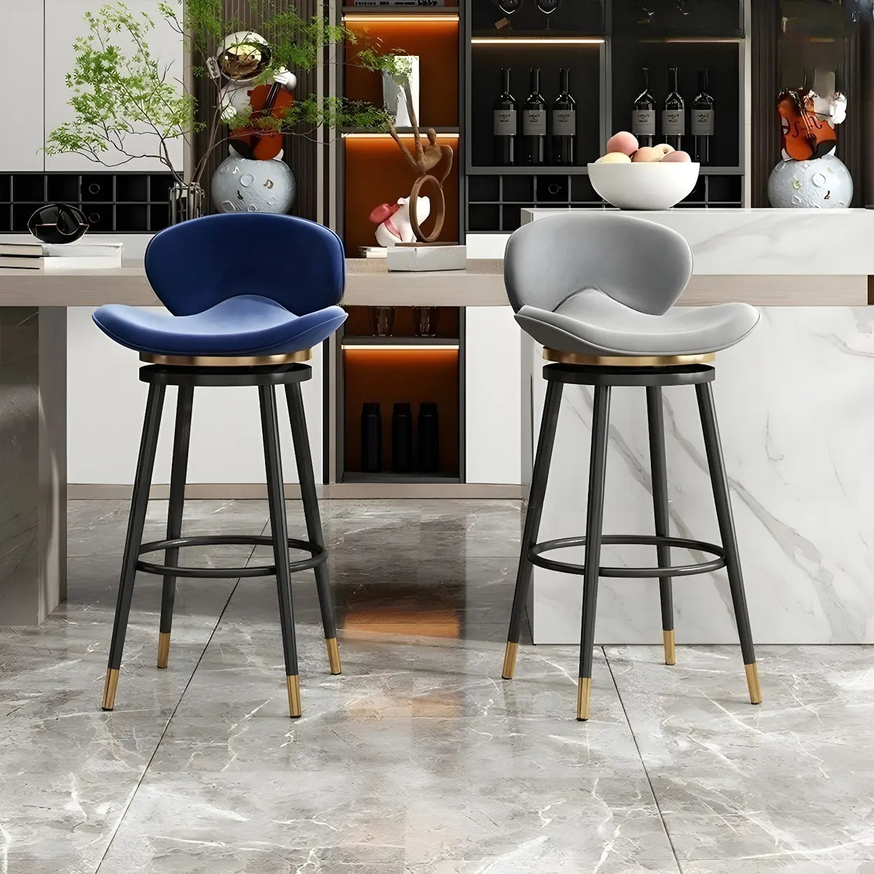Iron Frame Curved Fabric Bucket Bar Stool — Blue / Gold