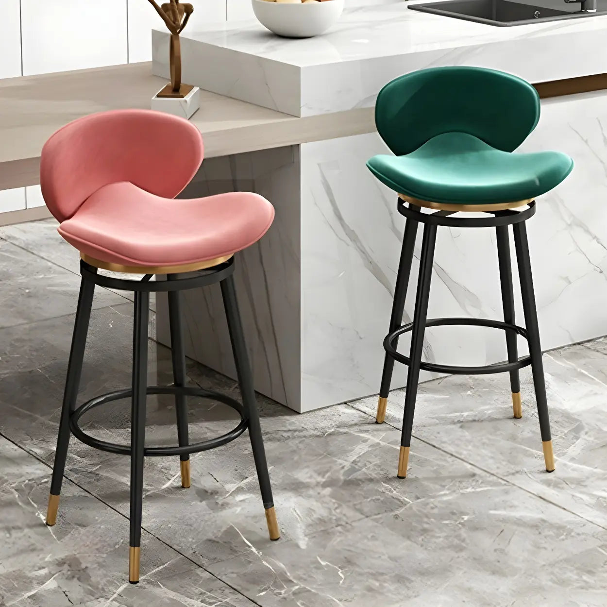 Iron Frame Curved Fabric Bucket Bar Stool — Green / Black