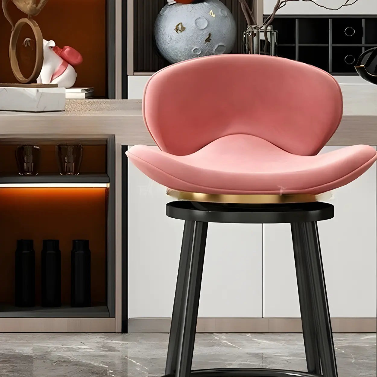 Iron Frame Curved Fabric Bucket Bar Stool — Pink / Black