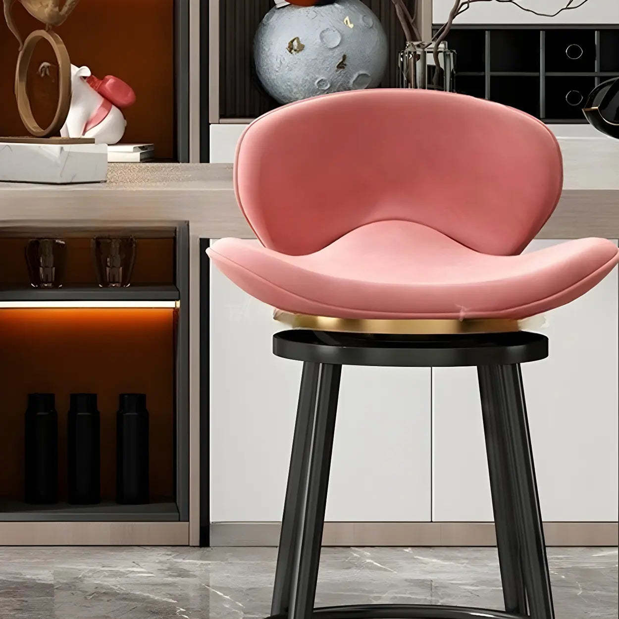 Iron Frame Curved Fabric Bucket Bar Stool — Pink / Black