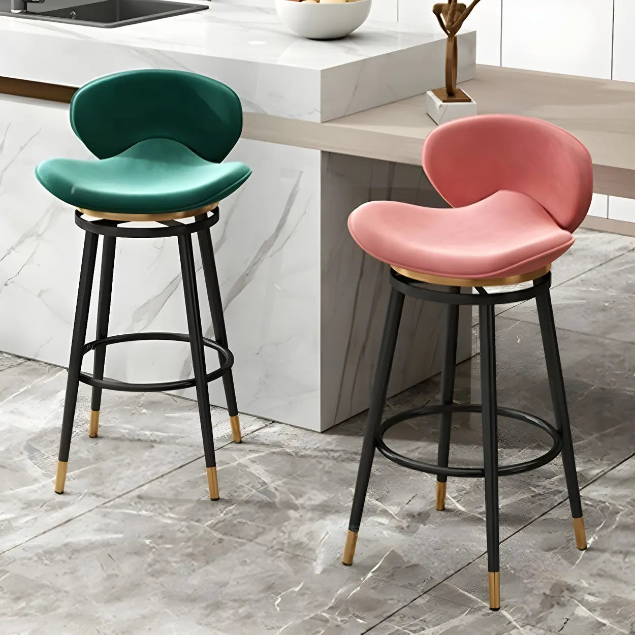 Iron Frame Curved Fabric Bucket Bar Stool — White / Gold