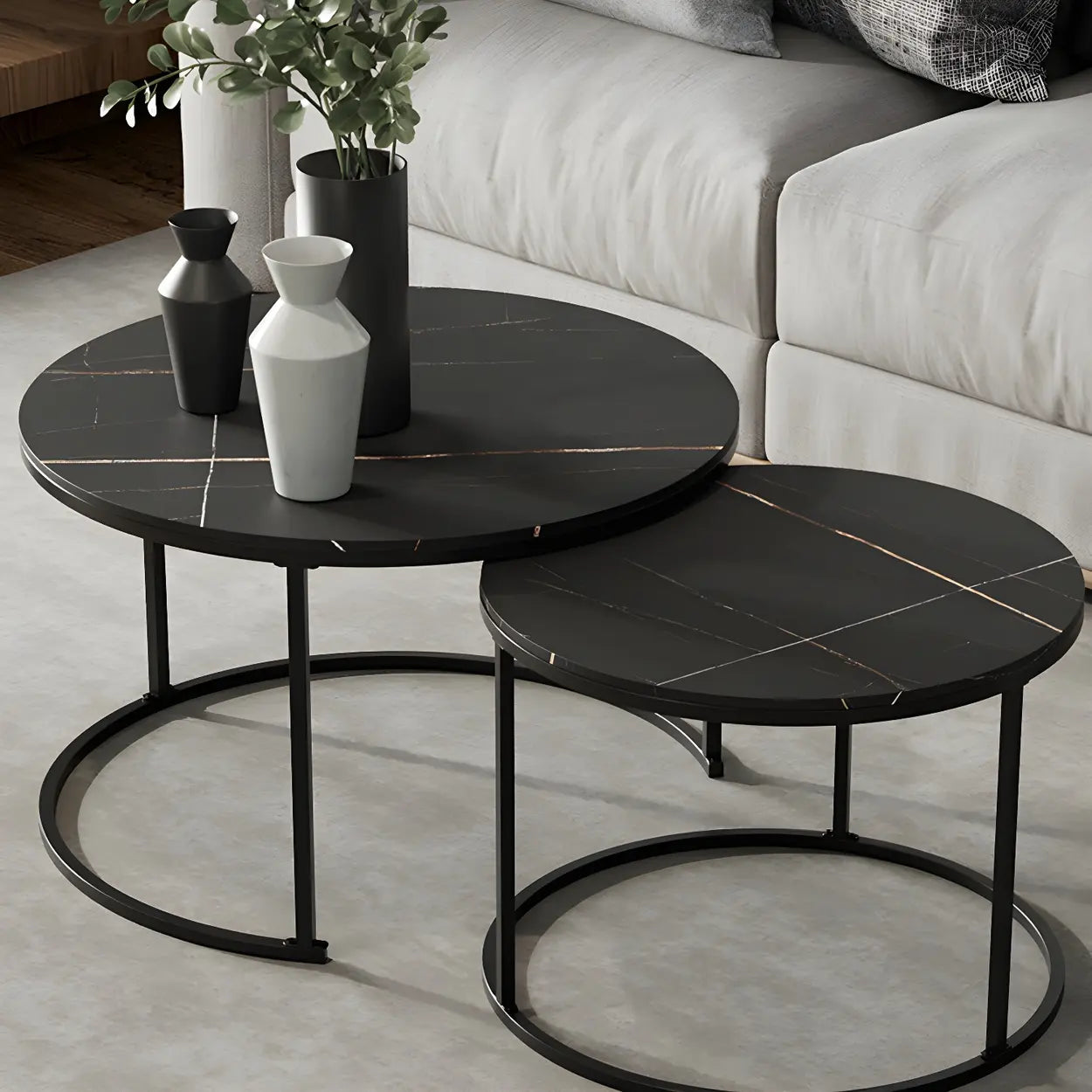 Iron-Frame Round Stone Top Nesting Coffee Tables