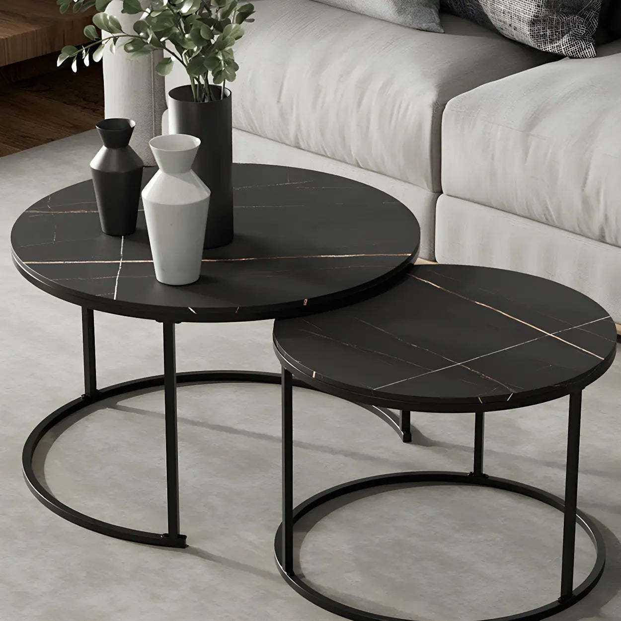 Iron-Frame Round Stone Top Nesting Coffee Tables — Black / Black/ White