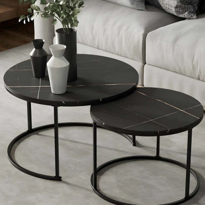 Iron-Frame Round Stone Top Nesting Coffee Tables — Black / Black/ White