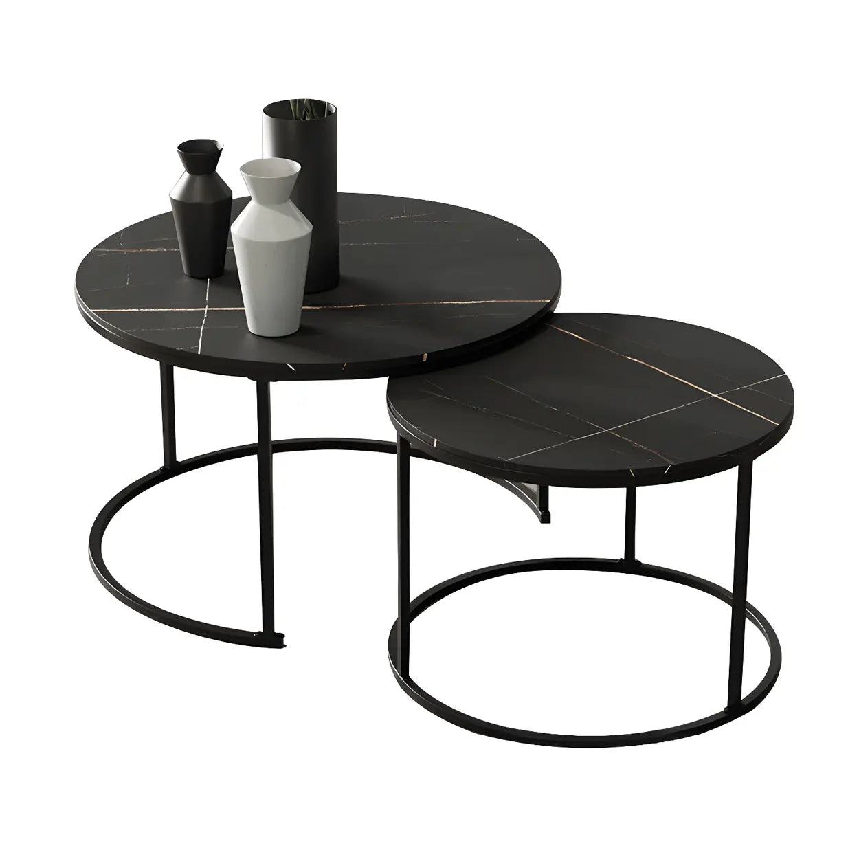 Iron-Frame Round Stone Top Nesting Coffee Tables — Gold / White/ Black