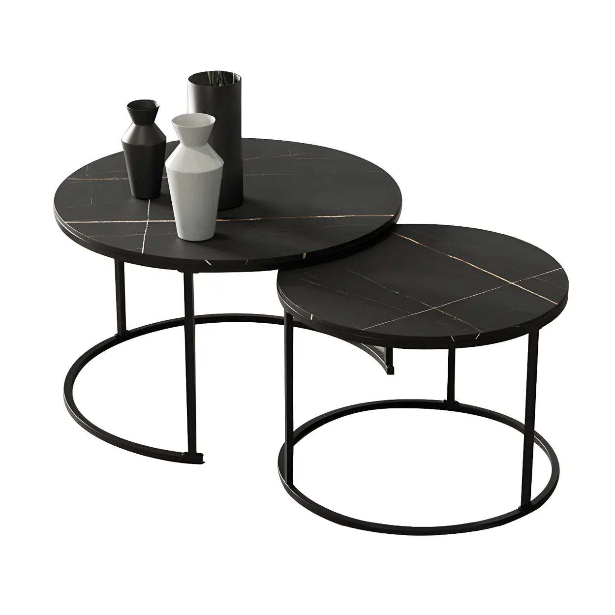 Iron-Frame Round Stone Top Nesting Coffee Tables — Gold / White/ Black