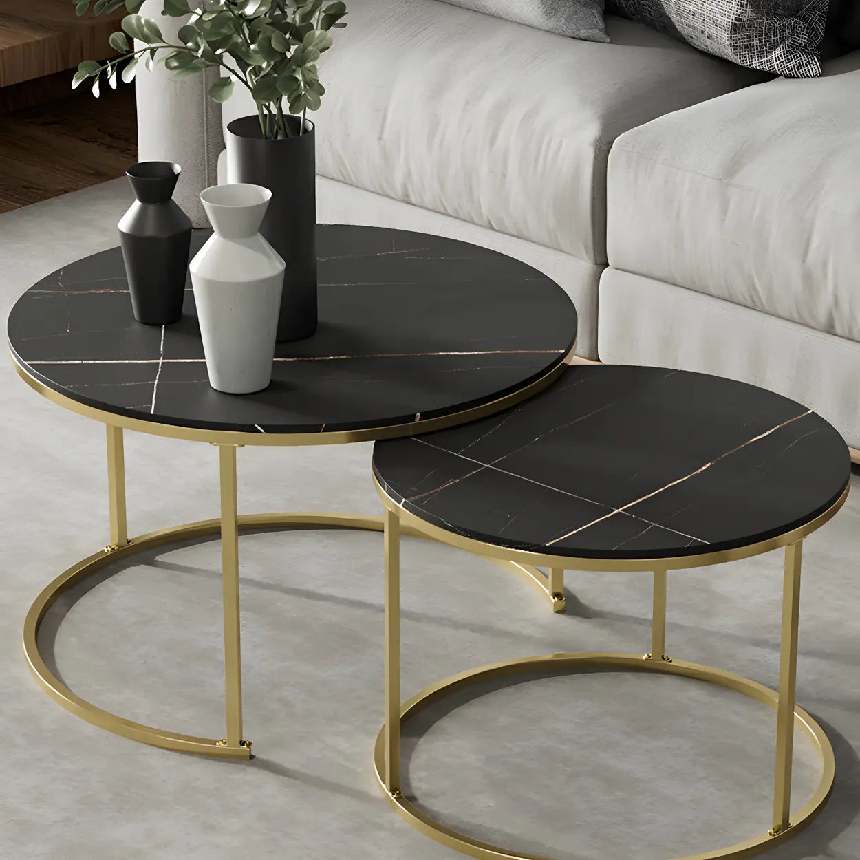 Iron-Frame Round Stone Top Nesting Coffee Tables — Gold / White/ White