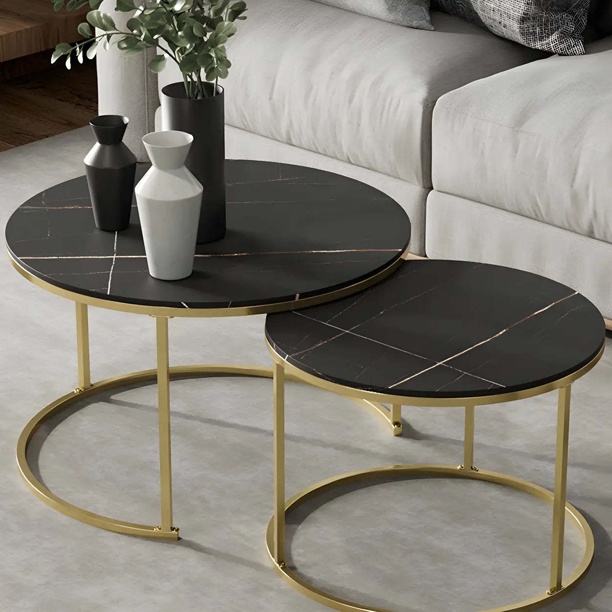 Iron-Frame Round Stone Top Nesting Coffee Tables — Gold / White/ White