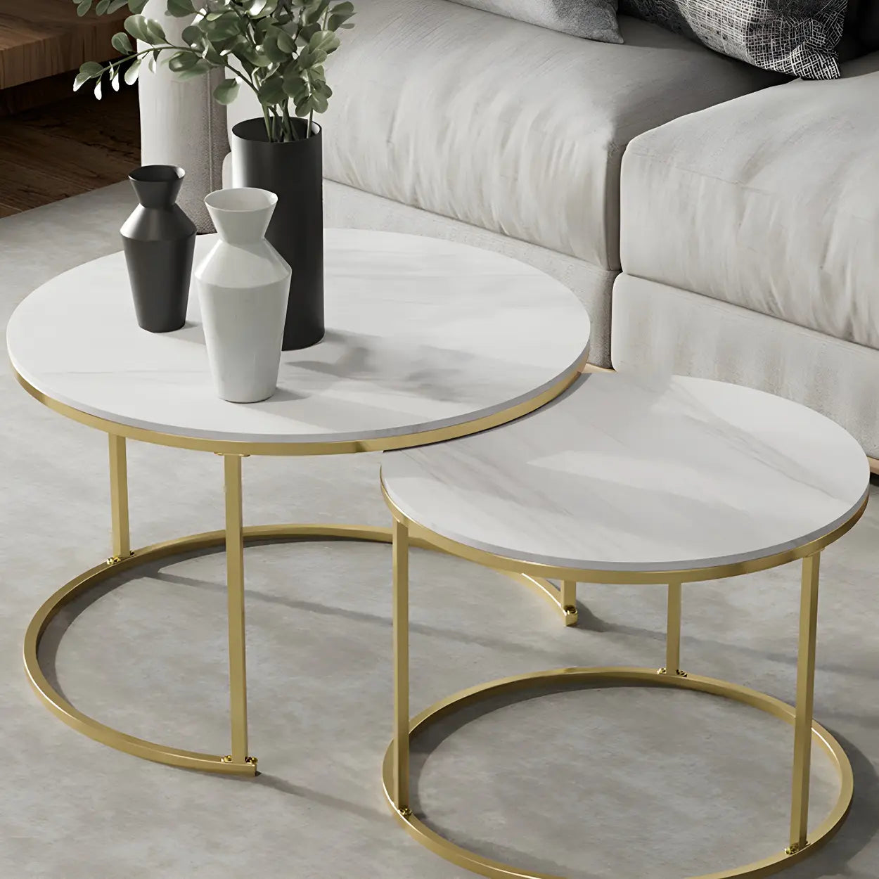 Iron-Frame Round Stone Top Nesting Coffee Tables — Black / Black/ White
