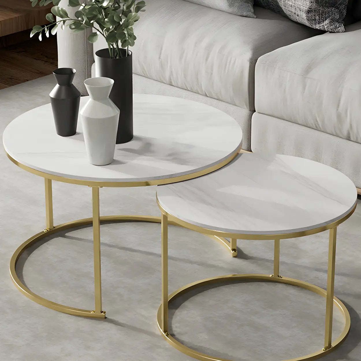Iron-Frame Round Stone Top Nesting Coffee Tables — Black / Black/ White