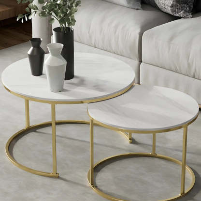 Iron-Frame Round Stone Top Nesting Coffee Tables — Black / Black/ White
