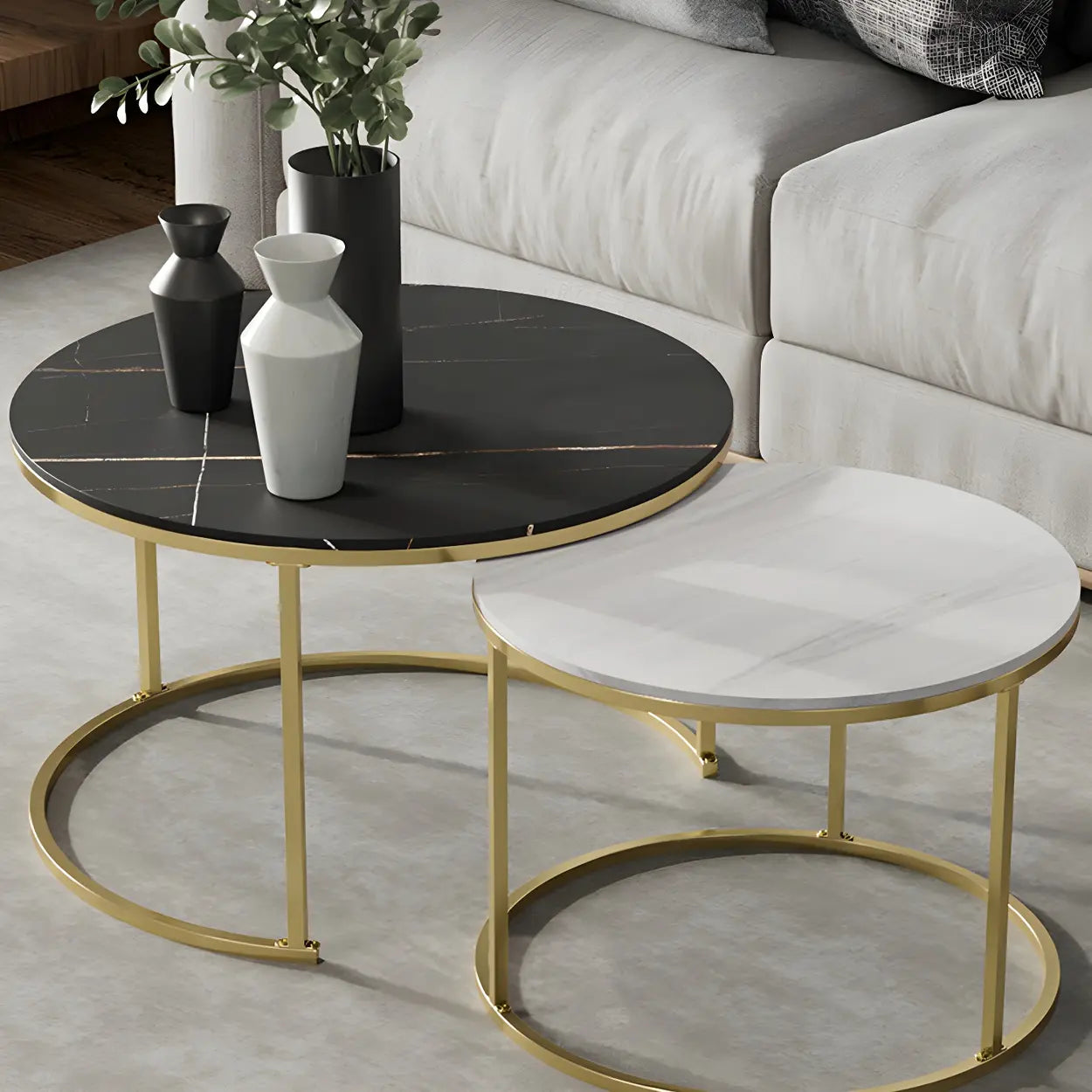 Iron-Frame Round Stone Top Nesting Coffee Tables — Black / White/ Black