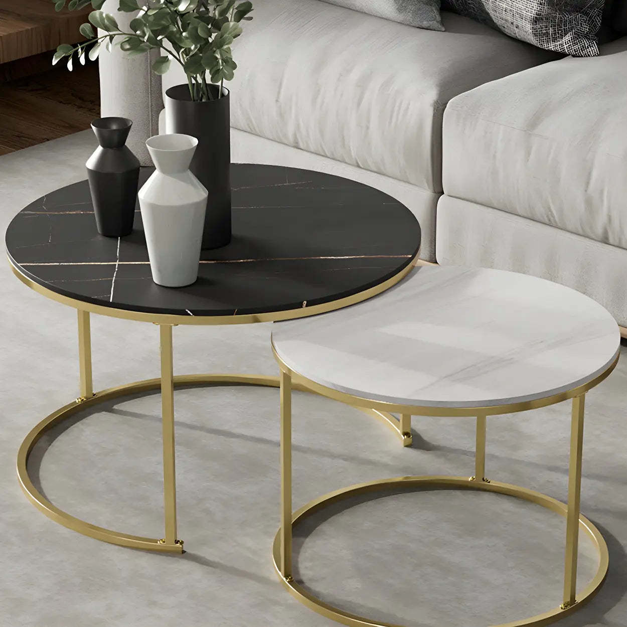 Iron-Frame Round Stone Top Nesting Coffee Tables — Black / White/ Black