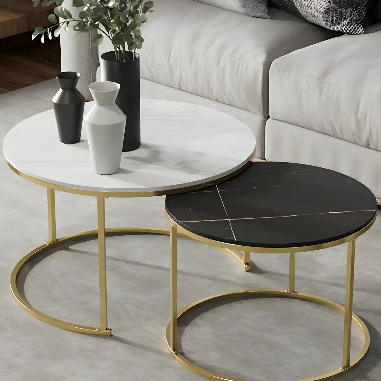 Iron-Frame Round Stone Top Nesting Coffee Tables — Black / Black/ Black