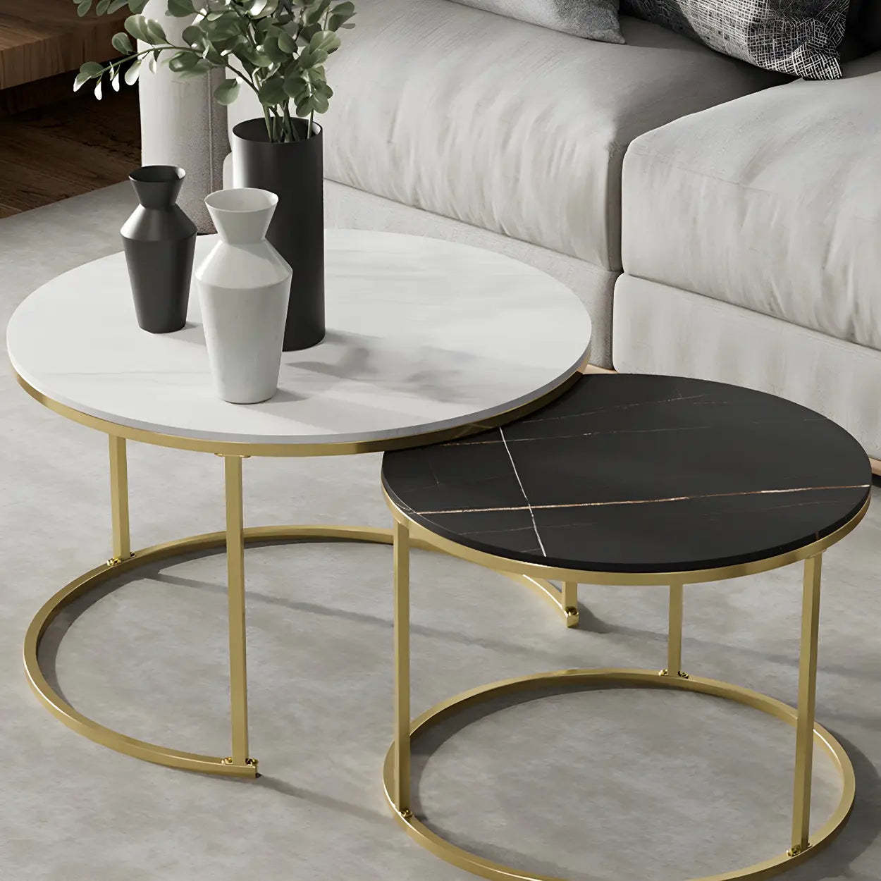 Iron-Frame Round Stone Top Nesting Coffee Tables — Black / Black/ Black