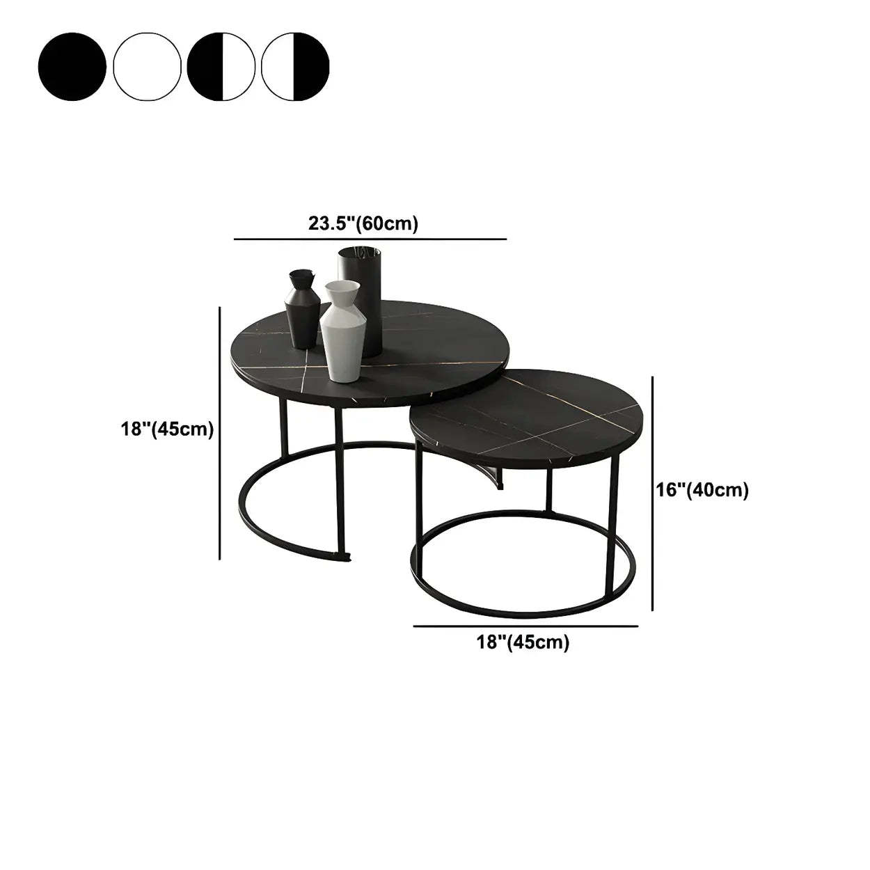 Iron-Frame Round Stone Top Nesting Coffee Tables — White / Black/ White